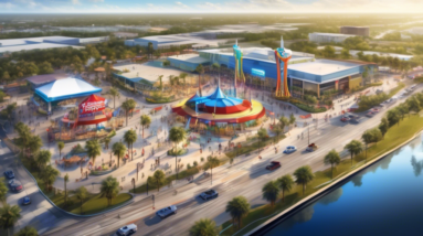 Create an aerial view image of the former Skyplex location on International Drive in Orlando, showcasing the expansive plot of land now listed for sale. Emphasize the surrounding attractions and vibra