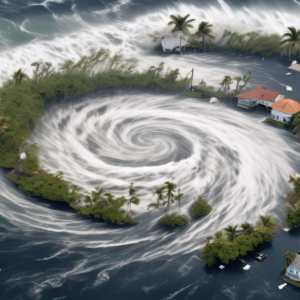 Create an image depicting a fierce hurricane named Helene making landfall on the Florida coast, with powerful winds and heavy rain causing damage to homes. Emphasize the storm's impact on the resident