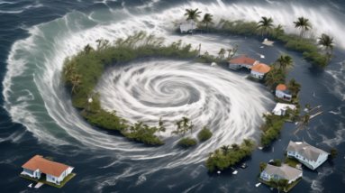 Create an image depicting a fierce hurricane named Helene making landfall on the Florida coast, with powerful winds and heavy rain causing damage to homes. Emphasize the storm's impact on the resident