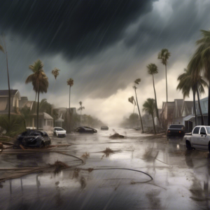 Create a dramatic and atmospheric digital painting depicting the aftermath of Hurricane Helene in Florida. The scene shows a devastated coastal town with uprooted palm trees, flooded streets, and dama