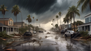 Create a dramatic and atmospheric digital painting depicting the aftermath of Hurricane Helene in Florida. The scene shows a devastated coastal town with uprooted palm trees, flooded streets, and dama