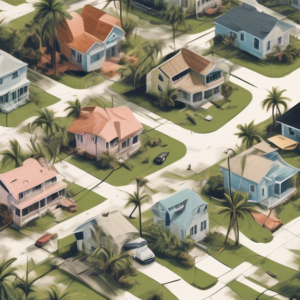 Create an image depicting a Florida neighborhood in the aftermath of Hurricane Helene. The scene includes various homes with visible roof damage and debris strewn across lawns. Capture the anxiety of