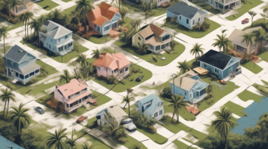 Create an image depicting a Florida neighborhood in the aftermath of Hurricane Helene. The scene includes various homes with visible roof damage and debris strewn across lawns. Capture the anxiety of