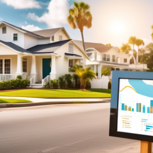 Create an image of a Florida neighborhood that combines a mix of modern and traditional houses, with various real estate signs indicating For Sale, Price Reduced, and Open House. The background should