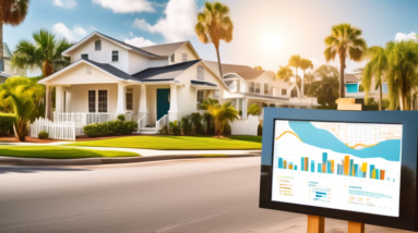 Create an image of a Florida neighborhood that combines a mix of modern and traditional houses, with various real estate signs indicating For Sale, Price Reduced, and Open House. The background should