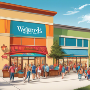 Create a high-definition illustration of Waterford Lakes Town Center showcasing its lively retail atmosphere, vibrant storefronts, and a subtle, celebratory banner announcing 'Acquired by Kimco Realty