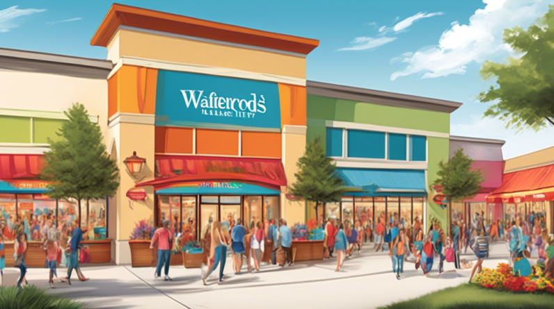 Create a high-definition illustration of Waterford Lakes Town Center showcasing its lively retail atmosphere, vibrant storefronts, and a subtle, celebratory banner announcing 'Acquired by Kimco Realty