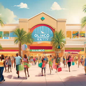 Create an image of a bustling Orlando mall with a prominent Kimco Realty banner showcasing their acquisition announcement. The scene should depict a vibrant shopping environment with families, diverse