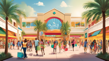 Create an image of a bustling Orlando mall with a prominent Kimco Realty banner showcasing their acquisition announcement. The scene should depict a vibrant shopping environment with families, diverse