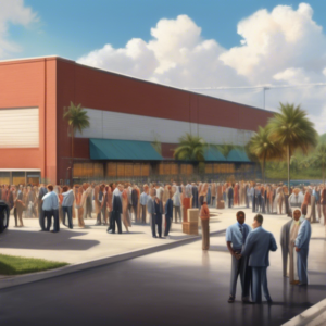 Create an image depicting a bustling industrial complex in Kissimmee, Florida, recently sold for $55 million. The scene should include various elements such as large warehouses, loading docks, and tru