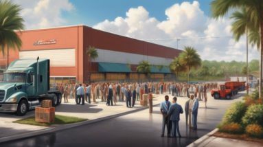 Create an image depicting a bustling industrial complex in Kissimmee, Florida, recently sold for $55 million. The scene should include various elements such as large warehouses, loading docks, and tru