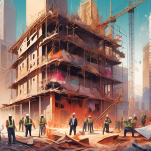 Create an imaginative illustration depicting a vibrant downtown skyline, where a futuristic skyscraper is under construction. In the foreground, show a partially demolished ballroom with remnants of c