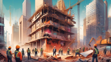 Create an imaginative illustration depicting a vibrant downtown skyline, where a futuristic skyscraper is under construction. In the foreground, show a partially demolished ballroom with remnants of c