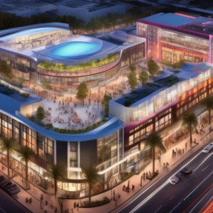 Create an image showcasing a bustling urban development scene in Orlando featuring a modern, state-of-the-art entertainment venue by Live Nation. The venue is set amidst a vast 900,000-square-foot mix