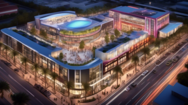 Create an image showcasing a bustling urban development scene in Orlando featuring a modern, state-of-the-art entertainment venue by Live Nation. The venue is set amidst a vast 900,000-square-foot mix