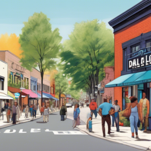 Prompt for DALL-E: A vibrant street scene in the Mills 50 district with diverse, colorful businesses. In the foreground, a prominent local business sign reads 'Acquired by Private Equity Firm' with a