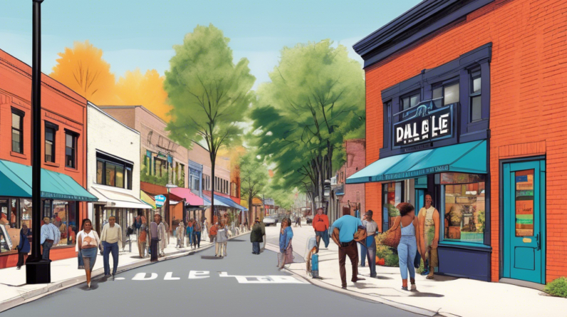 Prompt for DALL-E: A vibrant street scene in the Mills 50 district with diverse, colorful businesses. In the foreground, a prominent local business sign reads 'Acquired by Private Equity Firm' with a