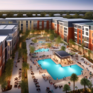 Create an aerial view of a bustling new student housing development near Full Sail University's Winter Park campus. The scene should include modern apartment buildings designed with vibrant, cutting-e