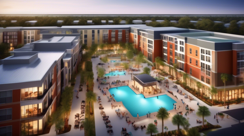 Create an aerial view of a bustling new student housing development near Full Sail University's Winter Park campus. The scene should include modern apartment buildings designed with vibrant, cutting-e