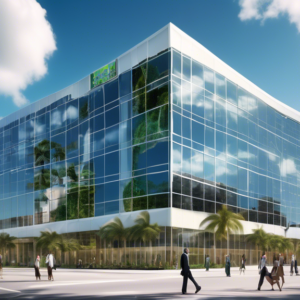 Create an image of a modern, sleek office building in Orlando, Florida under a sunny sky. The building should be surrounded by lush greenery and palm trees, symbolizing growth and prosperity. In front