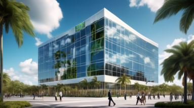 Create an image of a modern, sleek office building in Orlando, Florida under a sunny sky. The building should be surrounded by lush greenery and palm trees, symbolizing growth and prosperity. In front