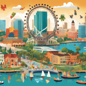 Create an image depicting a bustling cityscape of Orlando, Florida, with notable landmarks like the Orlando Eye and skyscrapers in the background. In the foreground, symbolize the concept of withdrawi