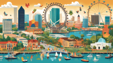 Create an image depicting a bustling cityscape of Orlando, Florida, with notable landmarks like the Orlando Eye and skyscrapers in the background. In the foreground, symbolize the concept of withdrawi