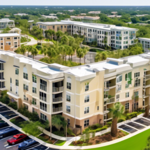 Create an image depicting a bird's eye view of Orlando's Health Village apartment complex with a Sold sign in the foreground. The complex should be surrounded by lush greenery and cityscape in the dis