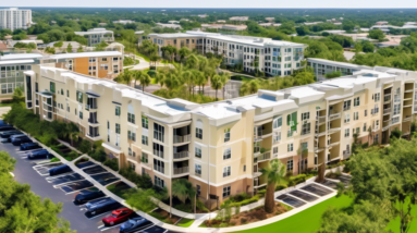 Create an image depicting a bird's eye view of Orlando's Health Village apartment complex with a Sold sign in the foreground. The complex should be surrounded by lush greenery and cityscape in the dis