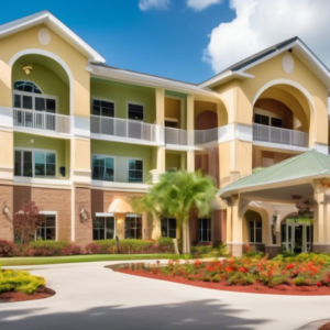 Create an image that depicts a newly acquired senior living facility near Orlando, Florida, showcasing a sense of community and tranquility. The scene includes a beautifully landscaped entrance with l