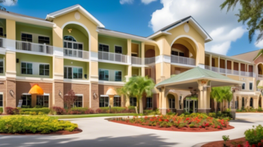 Create an image that depicts a newly acquired senior living facility near Orlando, Florida, showcasing a sense of community and tranquility. The scene includes a beautifully landscaped entrance with l