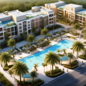 Create an image of a luxurious apartment complex surrounded by lush greenery, strategically located near both Universal Orlando and bustling Orlando Outlets. The scene should capture a sunny day in Fl