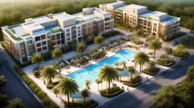 Create an image of a luxurious apartment complex surrounded by lush greenery, strategically located near both Universal Orlando and bustling Orlando Outlets. The scene should capture a sunny day in Fl