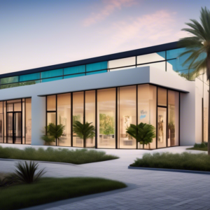 Create an image of a modern, sleek real estate office set against the picturesque backdrop of Winter Park, Orlando. The building should have a contemporary design with large glass windows and The Agen