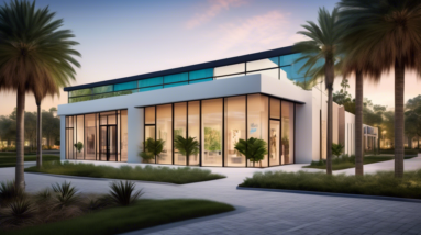 Create an image of a modern, sleek real estate office set against the picturesque backdrop of Winter Park, Orlando. The building should have a contemporary design with large glass windows and The Agen