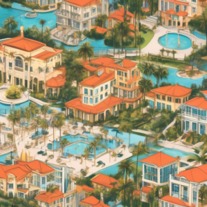 Create an image depicting a luxurious and vibrant cityscape of Orlando as seen from above. Highlight various opulent celebrity homes interconnected with dotted lines and labels. Each home should be di