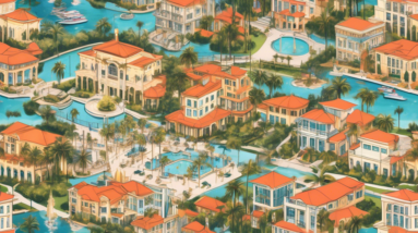 Create an image depicting a luxurious and vibrant cityscape of Orlando as seen from above. Highlight various opulent celebrity homes interconnected with dotted lines and labels. Each home should be di