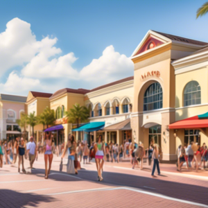 Create an image depicting a bustling and vibrant scene at Waterford Lakes Town Center in Orlando. The shopping center is filled with a diverse crowd of shoppers enjoying a sunny day, carrying shopping