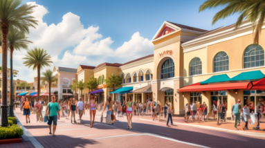 Create an image depicting a bustling and vibrant scene at Waterford Lakes Town Center in Orlando. The shopping center is filled with a diverse crowd of shoppers enjoying a sunny day, carrying shopping