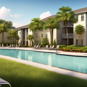 Create an image of a modern apartment complex in East Orlando, Florida, showcasing a cluster of sleek buildings surrounded by lush greenery and palm trees. Include a prominent Valencia College sign in