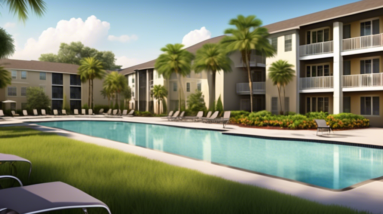 Create an image of a modern apartment complex in East Orlando, Florida, showcasing a cluster of sleek buildings surrounded by lush greenery and palm trees. Include a prominent Valencia College sign in