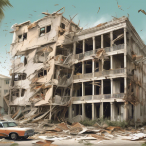 Create an image illustrating the Florida condominium crisis, featuring a split scene: on one side, crumbling and dilapidated condo buildings with visible structural issues, and on the other side, a bu