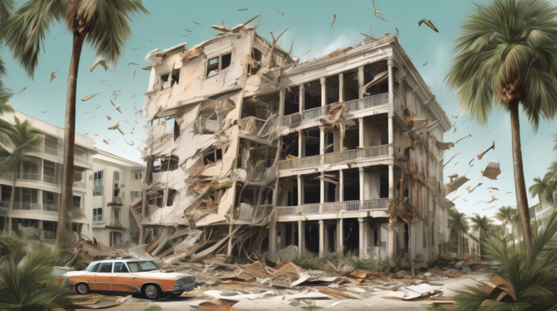 Create an image illustrating the Florida condominium crisis, featuring a split scene: on one side, crumbling and dilapidated condo buildings with visible structural issues, and on the other side, a bu