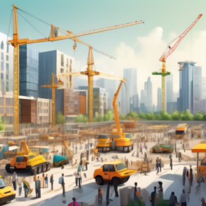 Create an image depicting a bustling, modern cityscape in the midst of expansion. Show a vibrant scene with cranes and construction sites in the foreground, symbolizing rapid development. In the backg