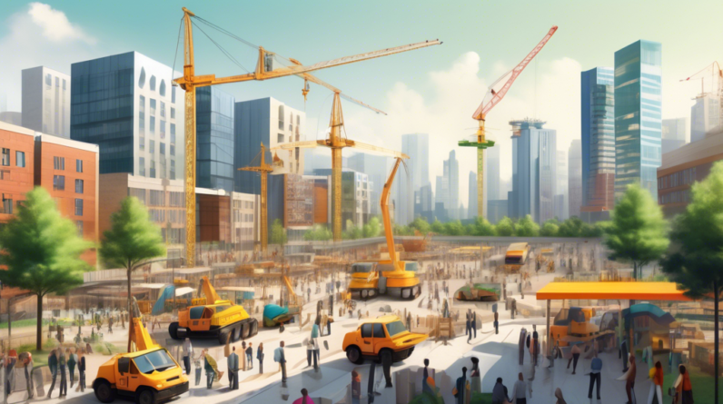 Create an image depicting a bustling, modern cityscape in the midst of expansion. Show a vibrant scene with cranes and construction sites in the foreground, symbolizing rapid development. In the backg