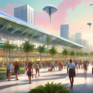 Create an illustration depicting a futuristic industrial park near a bustling Florida mall. The image should feature sleek, modern warehouses with solar panels, amidst lush green landscaping. In the f