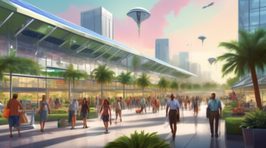 Create an illustration depicting a futuristic industrial park near a bustling Florida mall. The image should feature sleek, modern warehouses with solar panels, amidst lush green landscaping. In the f