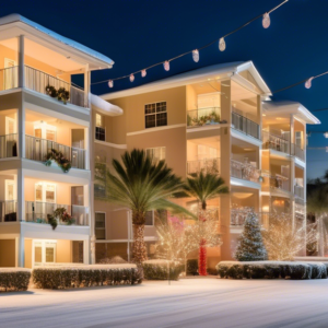 Create an image depicting a serene Central Florida condominium complex adorned with festive holiday decorations. The scene is set at dusk, with twinkling string lights draped across balconies and palm