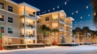 Create an image depicting a serene Central Florida condominium complex adorned with festive holiday decorations. The scene is set at dusk, with twinkling string lights draped across balconies and palm