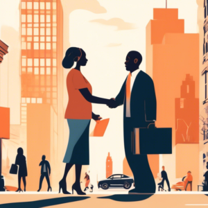 Create an image depicting a bustling New York City street scene where two characters, a landlord and a tenant, are shaking hands in agreement outside a city apartment building. The tenant is visibly r